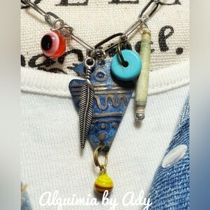 Artifact Oddity Charm Cluster Necklace — Tin Greek Symbol Pendant • Turquoise •